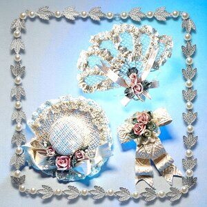 Victorian Lace Ornaments Bonnet Fan Ribbon Roses Pearls Ivory Wedding Christmas